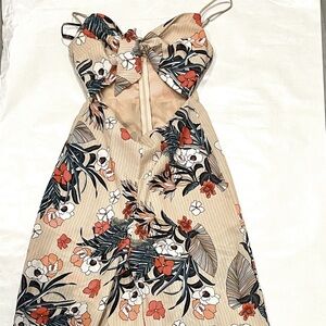 Bohemian Tan Small Orange Floral Fall Vacation Flared Cut Out Tie Jumpsuit